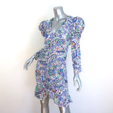Isabel Marant Bireya Puff Sleeve Ruched Mini Dress Printed Stretch Silk Size 40