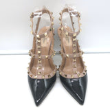 Valentino Rockstud caged slingback pumps, black patent & poudre leather, pre-owned, authentic designer heels, size 38