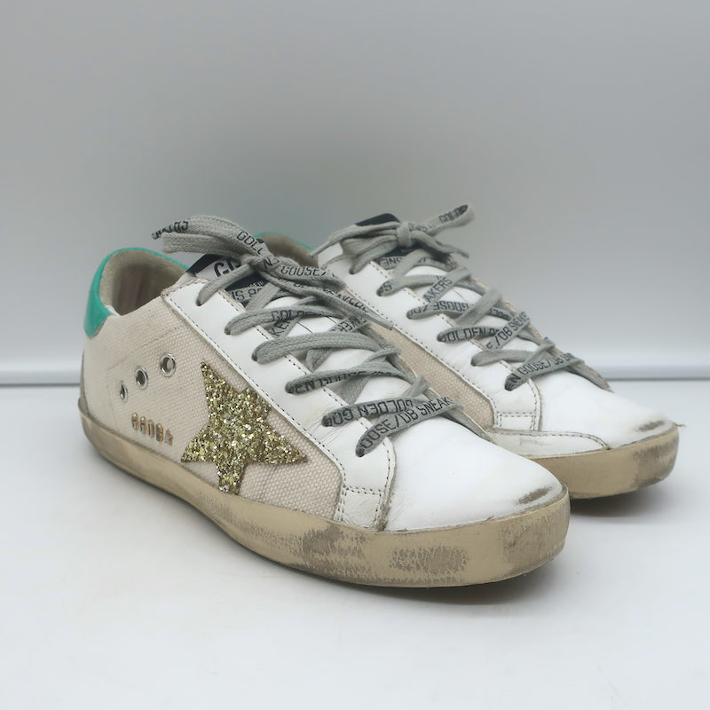 Golden Goose Glitter Star Superstar Sneakers White Leather & Ecru Canvas Size 36