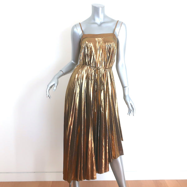 Milly Irene Pleated Metallic Asymmetric Midi Dress Gold Size 0 NEW Celebrity Owned