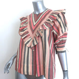 Ulla Johnson Puff Sleeve Ruffled Bib Top Pink Metallic Striped Cotton Size 0