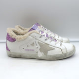 Golden Goose Superstar Shearling Sneakers White Leather & Purple Glitter Size 38