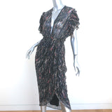 IRO Ruffled Midi Dress Gargas Black Lurex Printed Size 32 Flutter Sleeve NEW