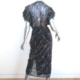 IRO Ruffled Midi Dress Gargas Black Lurex Printed Size 32 Flutter Sleeve NEW