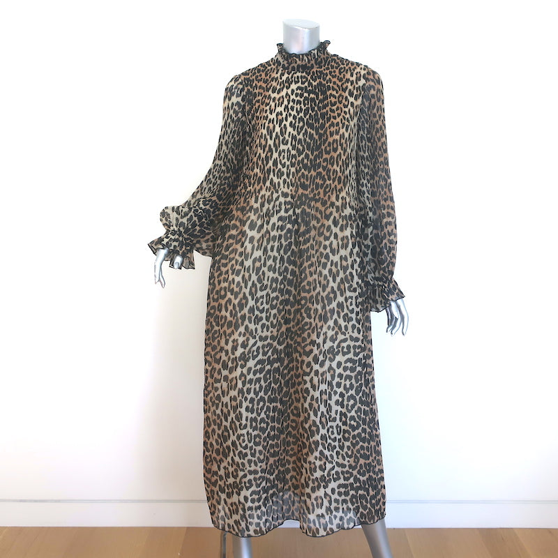Ganni Pleated Leopard Print Midi Dress Brown Georgette Size 38