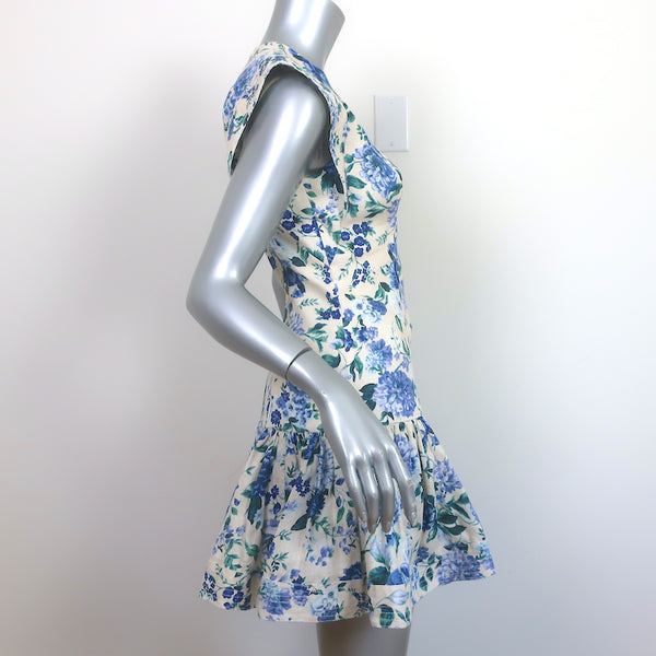 Zimmermann Flounce Mini Dress Moncur Cream Blue Floral Print Linen