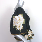 THE GREAT Top Black Floral Embroidered Ruched Cotton Size 1 Short Sleeve Blouse