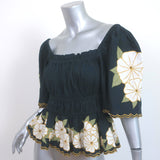 THE GREAT Top Black Floral Embroidered Ruched Cotton Size 1 Short Sleeve Blouse