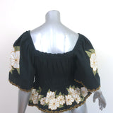 THE GREAT Top Black Floral Embroidered Ruched Cotton Size 1 Short Sleeve Blouse