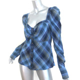 Veronica Beard Frankie Puff Sleeve Top Blue Plaid Size 8 Long Sleeve Blouse