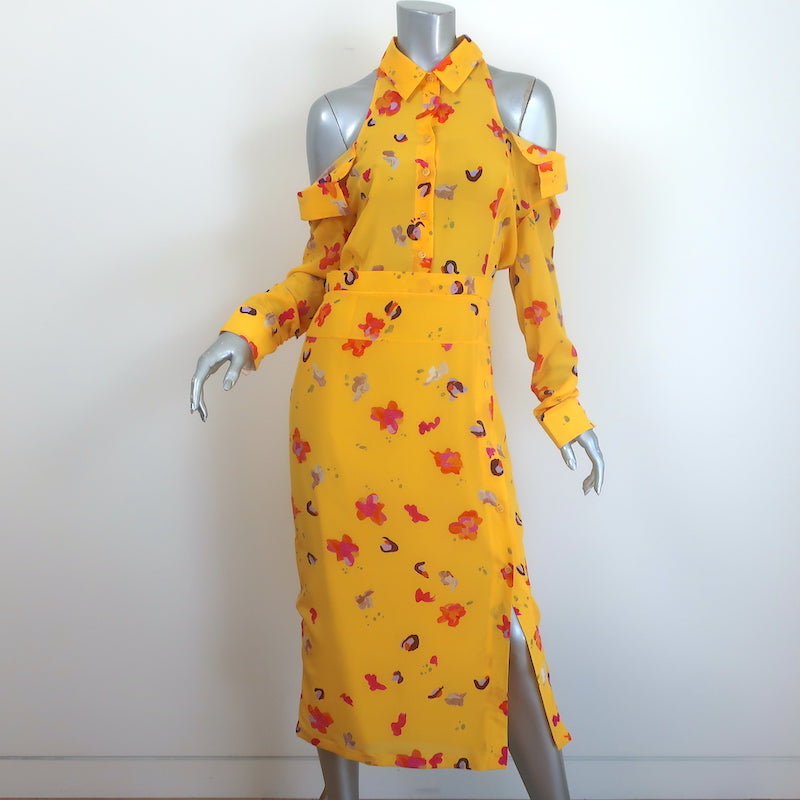 Altuzarra Cold Shoulder Midi Dress Yellow Floral Print Silk Crepe Size 38