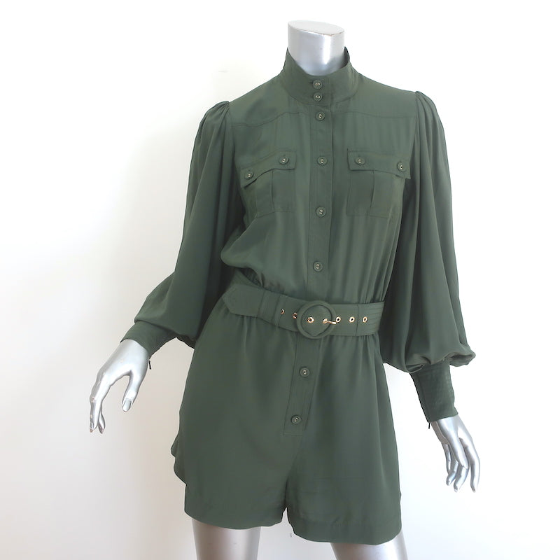 Zimmermann Espionage Utility Belted Romper Army Green Silk Crepe de Chine Size 1