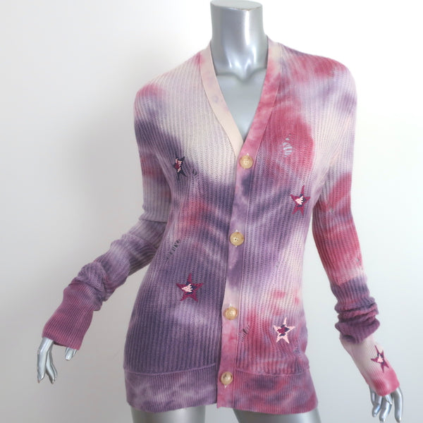 AMIRI Tie Dye Cashmere Embroidered Cardigan Purple Distressed