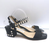 Jimmy Choo Aadra Faux Pearl-Studded Low Heel Sandals Black Leather Size 38