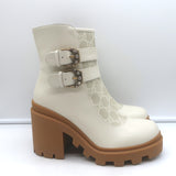 Gucci Kensington GG Supreme Crystal Buckle Boots Cream Canvas & Leather Size 38