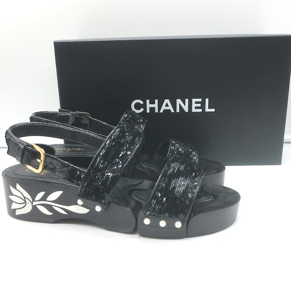 シャネル　ミュール Chanel 16C Sequin Slingback Sandals Black Size 38.5