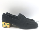 Prada Jewel-Heel Penny Loafer Pumps Black Suede Size 38.5