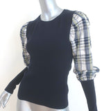 Veronica Beard Leila Plaid-Sleeve Sweater Navy Wool-Blend Size Small