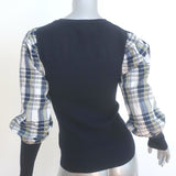 Veronica Beard Leila Plaid-Sleeve Sweater Navy Wool-Blend Size Small