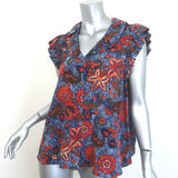 Ulla Johnson Ivette Ruffled Button-Up Blouse Blue/Red Floral Print Silk Size 10