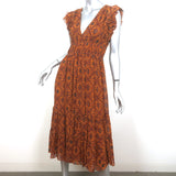 Ulla Johnson Flutter Sleeve Midi Dress Anika Ochre Printed Silk Georgette Size 0