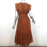 Ulla Johnson Flutter Sleeve Midi Dress Anika Ochre Printed Silk Georgette Size 0