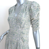 Masscob Midi Dress Bikin Sage Floral Print Silk Size Small Ruched Sleeve V-Neck