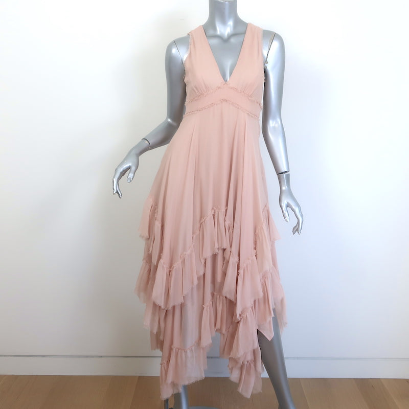 Alice + Olivia Brynn Ruffled Handkerchief Hem Midi Dress Pink Chiffon Size 6