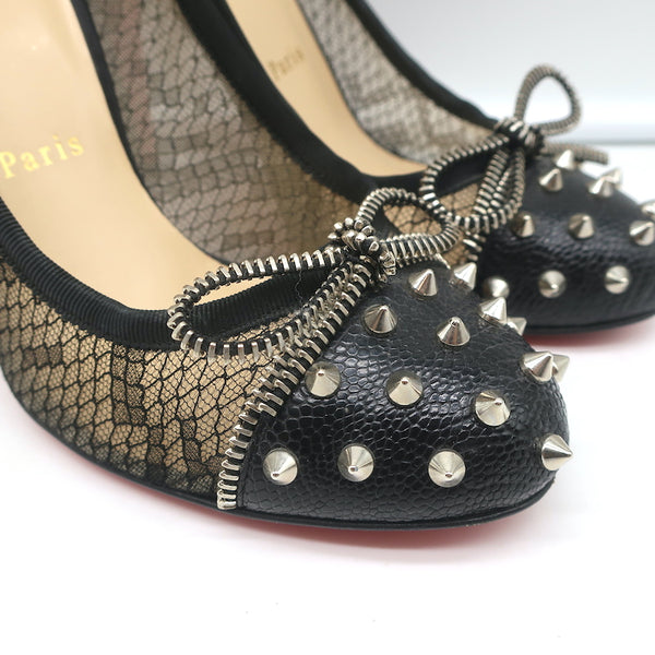 Christian Louboutin Candy Spike Pumps Black Leather & Lace Size 39 Cap Toe  Heels