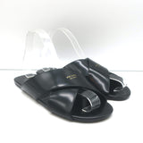 Prada Crisscross Flat Slide Sandals Black Brushed Leather Size 38