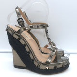 Valentino Rockstud Raffia-Trim Wedge Sandals Gunmetal Metallic Leather Size 35