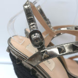 Valentino Rockstud Raffia-Trim Wedge Sandals Gunmetal Metallic Leather Size 35