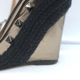 Valentino Rockstud Raffia-Trim Wedge Sandals Gunmetal Metallic Leather Size 35