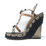 Valentino Rockstud Raffia-Trim Wedge Sandals Gunmetal Metallic Leather Size 35