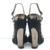 Valentino Rockstud Raffia-Trim Wedge Sandals Gunmetal Metallic Leather Size 35