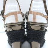 Valentino Rockstud Raffia-Trim Wedge Sandals Gunmetal Metallic Leather Size 35