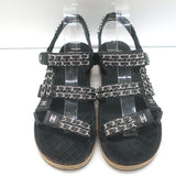 Chanel CC Chain-Trimmed Slingback Sandals Black Leather Size 39 C