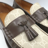 Gucci Kaveh GG Supreme Tassel Loafers Brown Leather & Beige Canvas Size 38