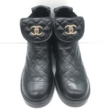Chanel CC Turn Lock Fold-Over Ankle Boots Black Quilted Leather Size 36.5