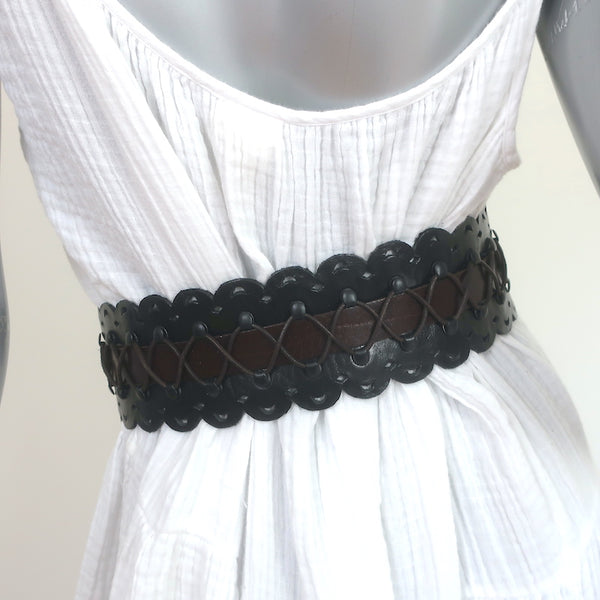 Calleen Cordero Lace Up Wide Belt Black Brown Scalloped Leather Size 30