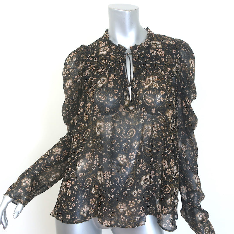 Ulla Johnson Renly Puff Sleeve Blouse Black Floral Paisley Print Silk Size 10