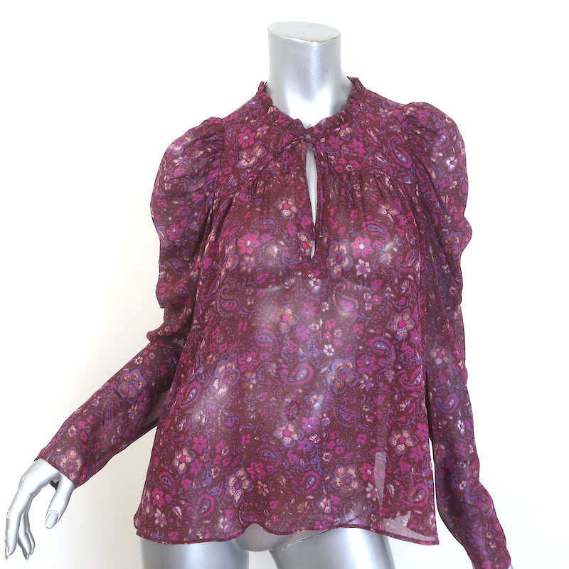 Ulla Johnson Renly Puff Sleeve Blouse Burgundy Paisley Print Silk Size 8