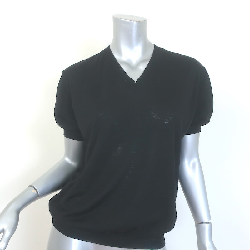 Prada Short Sleeve V-Neck Sweater Black Fine Knit Size 42