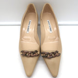 Manolo Blahnik Chain Link-Embellished Kitten Heel Pumps Beige Leather Size 38.5