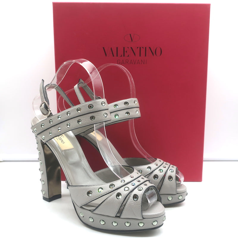 Valentino Crystal-Embellished Platform Slingback Sandals Gray Leather Size 37