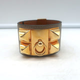 Hermes Collier de Chien PM Cuff Bracelet Taupe Leather Rose Gold Hardware