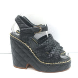 Chanel 15P Chain-Trim Quilted Wedge Sandals Black Braided Leather Size 36