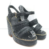 Chanel 15P Chain-Trim Quilted Wedge Sandals Black Braided Leather Size 36