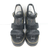 Chanel 15P Chain-Trim Quilted Wedge Sandals Black Braided Leather Size 36