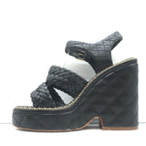 Chanel 15P Chain-Trim Quilted Wedge Sandals Black Braided Leather Size 36